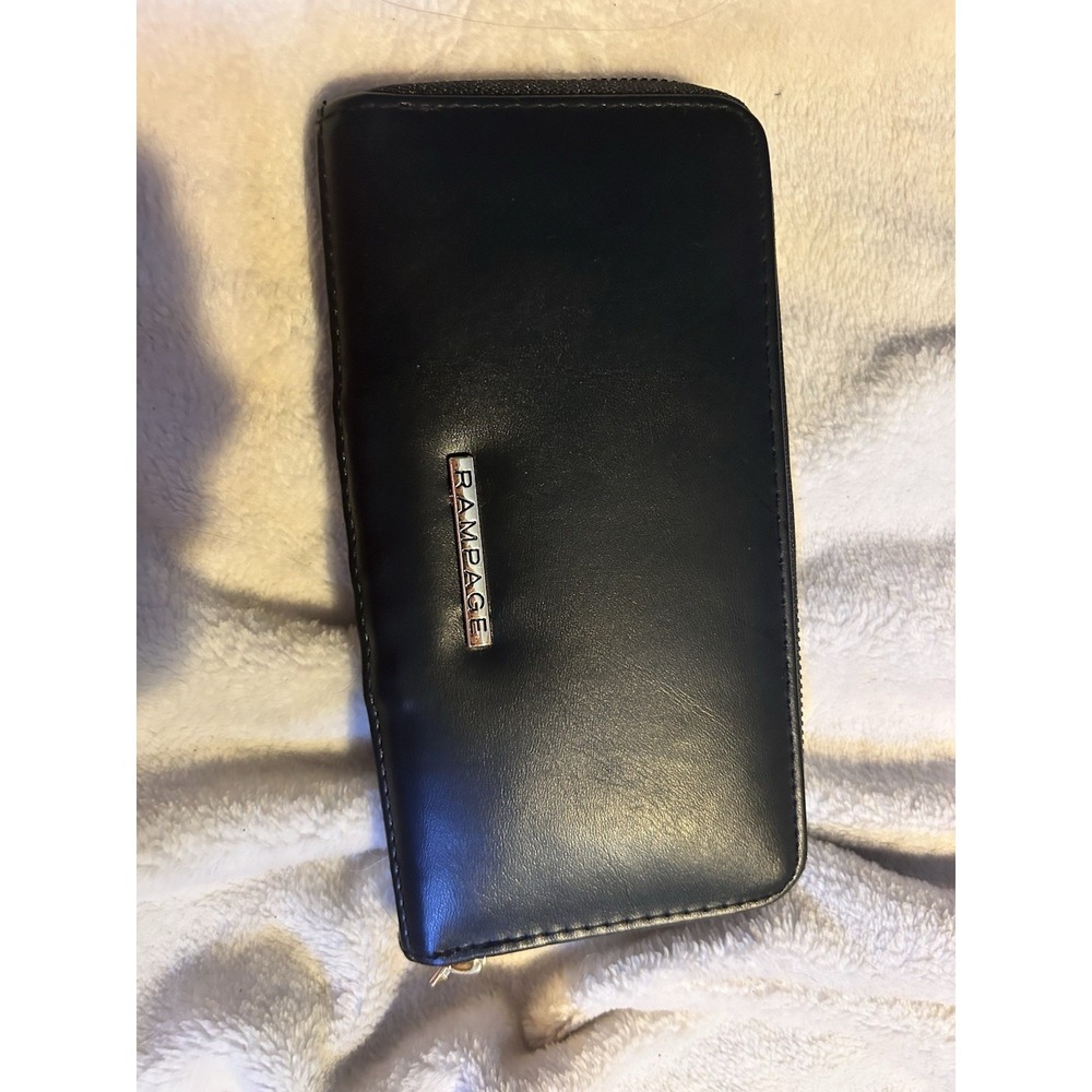 Rampage‎ Black Ruched Zip Around Wallet Clutch Organizer Faux Leather